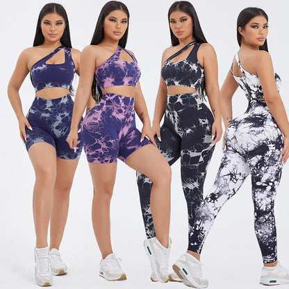 Seamless One-Shoulder Tie-Dye Yoga Sets