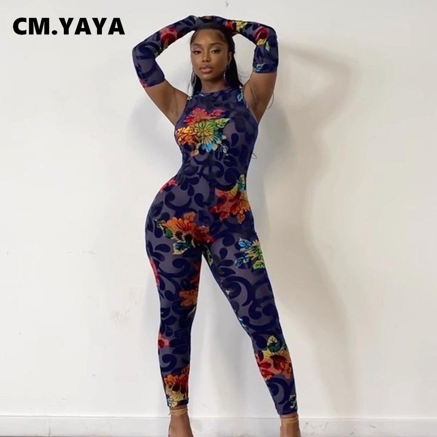 CM.YAYA Women Floral Bodycon Oversleeve Jumpsuit