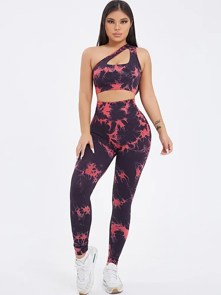 Seamless One-Shoulder Tie-Dye Yoga Sets