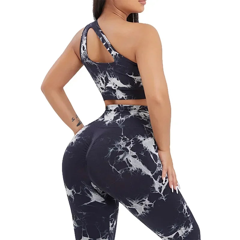 Seamless One-Shoulder Tie-Dye Yoga Sets