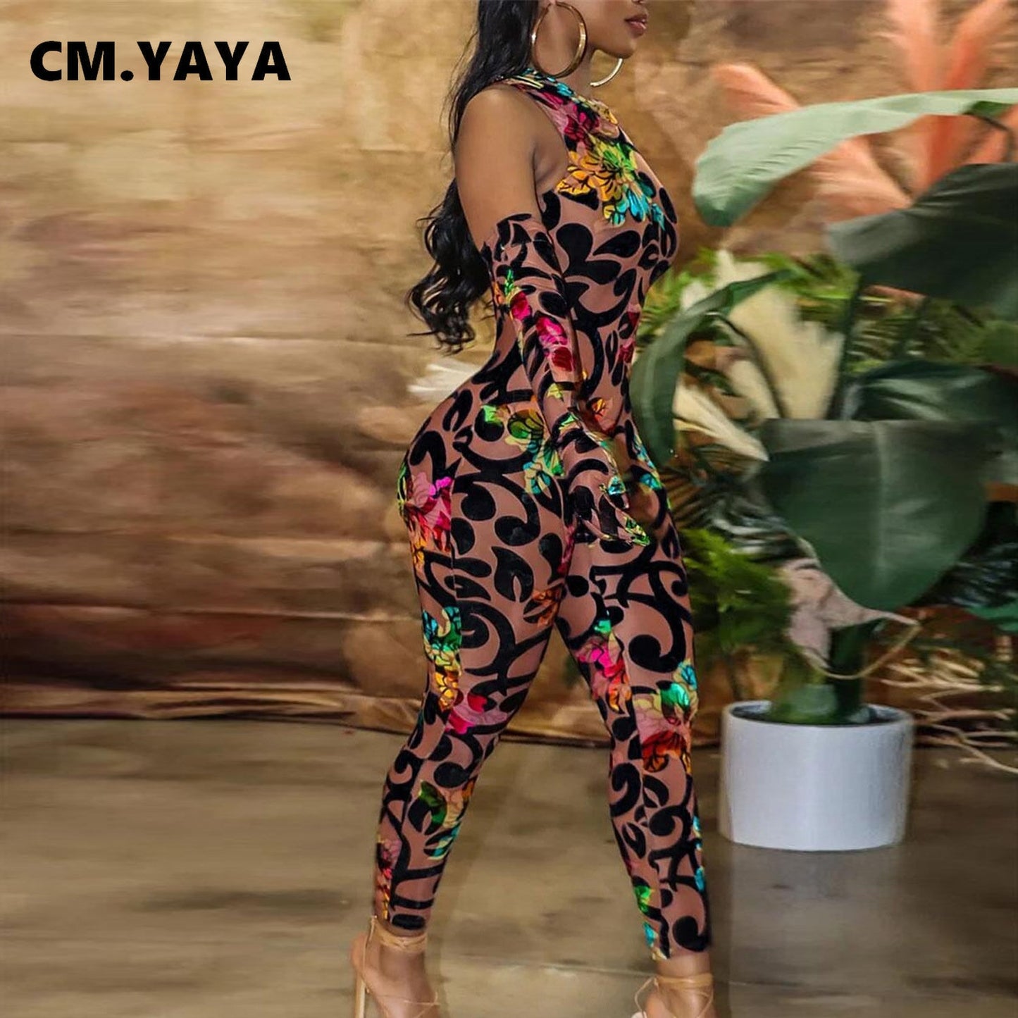 CM.YAYA Women Floral Bodycon Oversleeve Jumpsuit