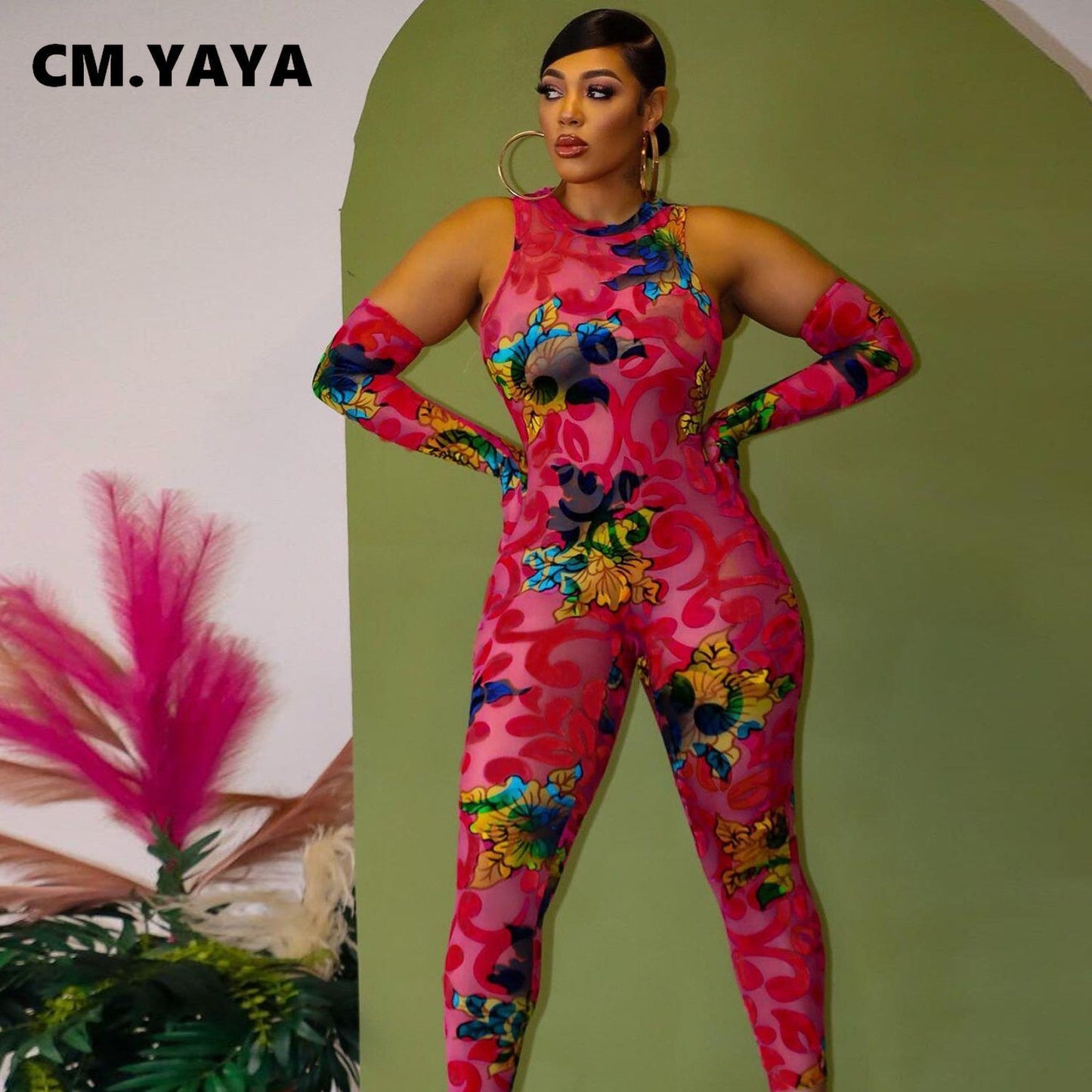 CM.YAYA Women Floral Bodycon Oversleeve Jumpsuit