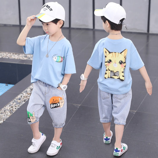 Boy's Summer graphic outfit. Cat graphic, Short-sleeved Tops, and Shorts. Outspoken fit with personality. - twobusybodies