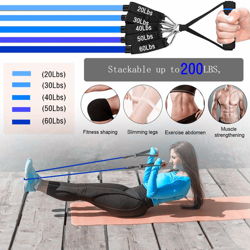 200lbs Fitness Resistance Bands Set. 11/17pcs Exercise Bands Gym Equipment for Home Training/Physical Therapy - twobusybodies