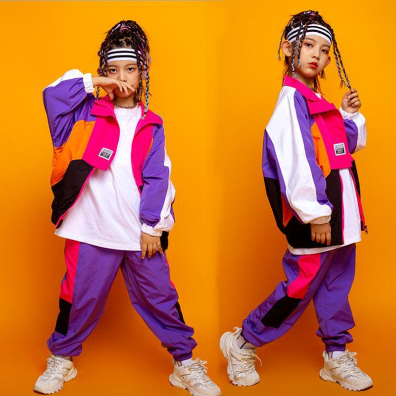 Kid Festival Hip Hop dancing Outfits. Sweatshirt Crop Tops with Jogger Pants for Girls' Street Clothes wear. That 80's look for hip-hop dancing. - twobusybodies