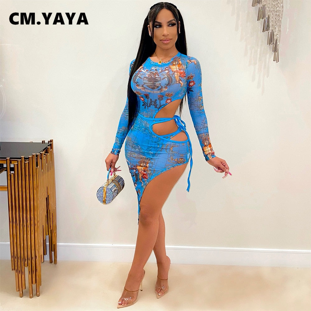 CM.YAYA Mesh Letter Women Two 2 Piece Set.  Winter/Fall Long Sleeve Bodysuit and Tie Up Side Slit Skirt. Showable curves. - twobusybodies