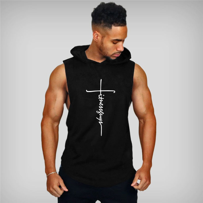 Mens Bodybuilding Hooded tank top. Cotton Sleeveless T-Shirt sportswear. - twobusybodies