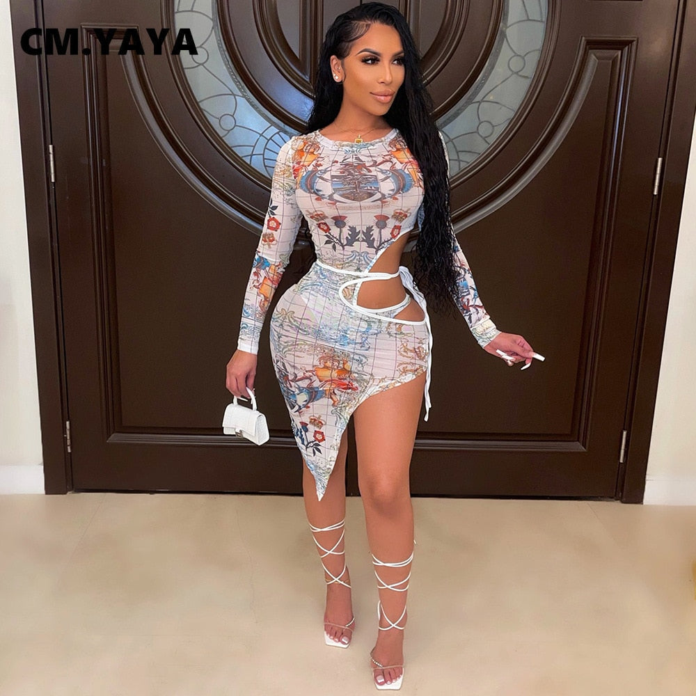 CM.YAYA Mesh Letter Women Two 2 Piece Set.  Winter/Fall Long Sleeve Bodysuit and Tie Up Side Slit Skirt. Showable curves. - twobusybodies