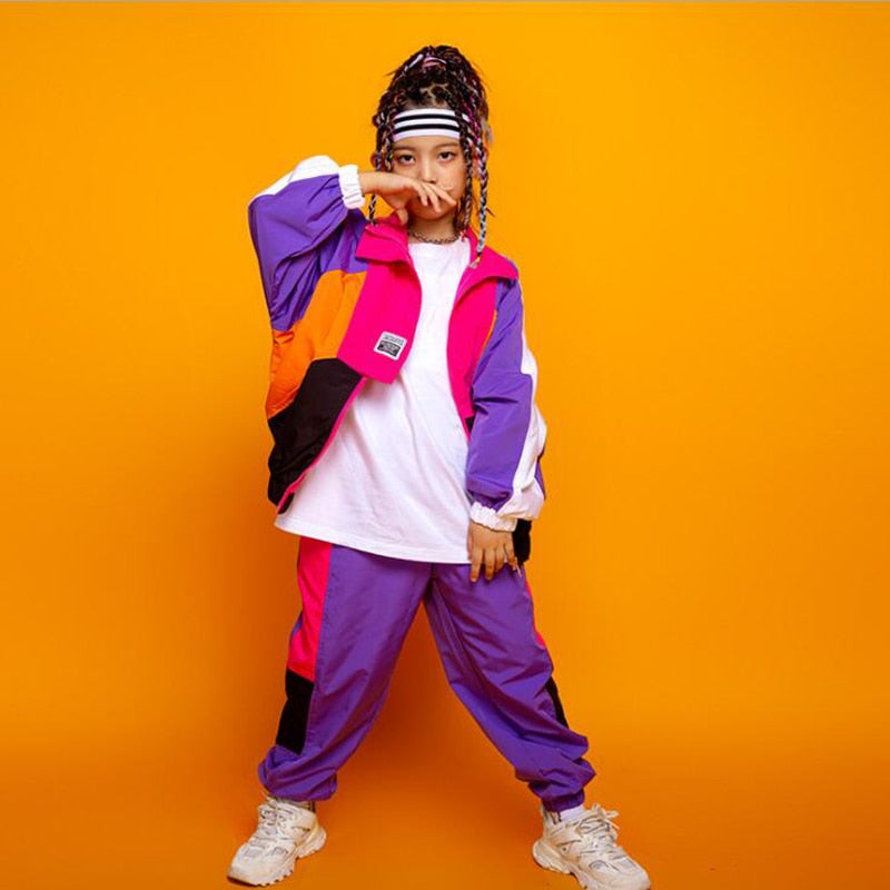 Kid Festival Hip Hop dancing Outfits. Sweatshirt Crop Tops with Jogger Pants for Girls' Street Clothes wear. That 80's look for hip-hop dancing. - twobusybodies