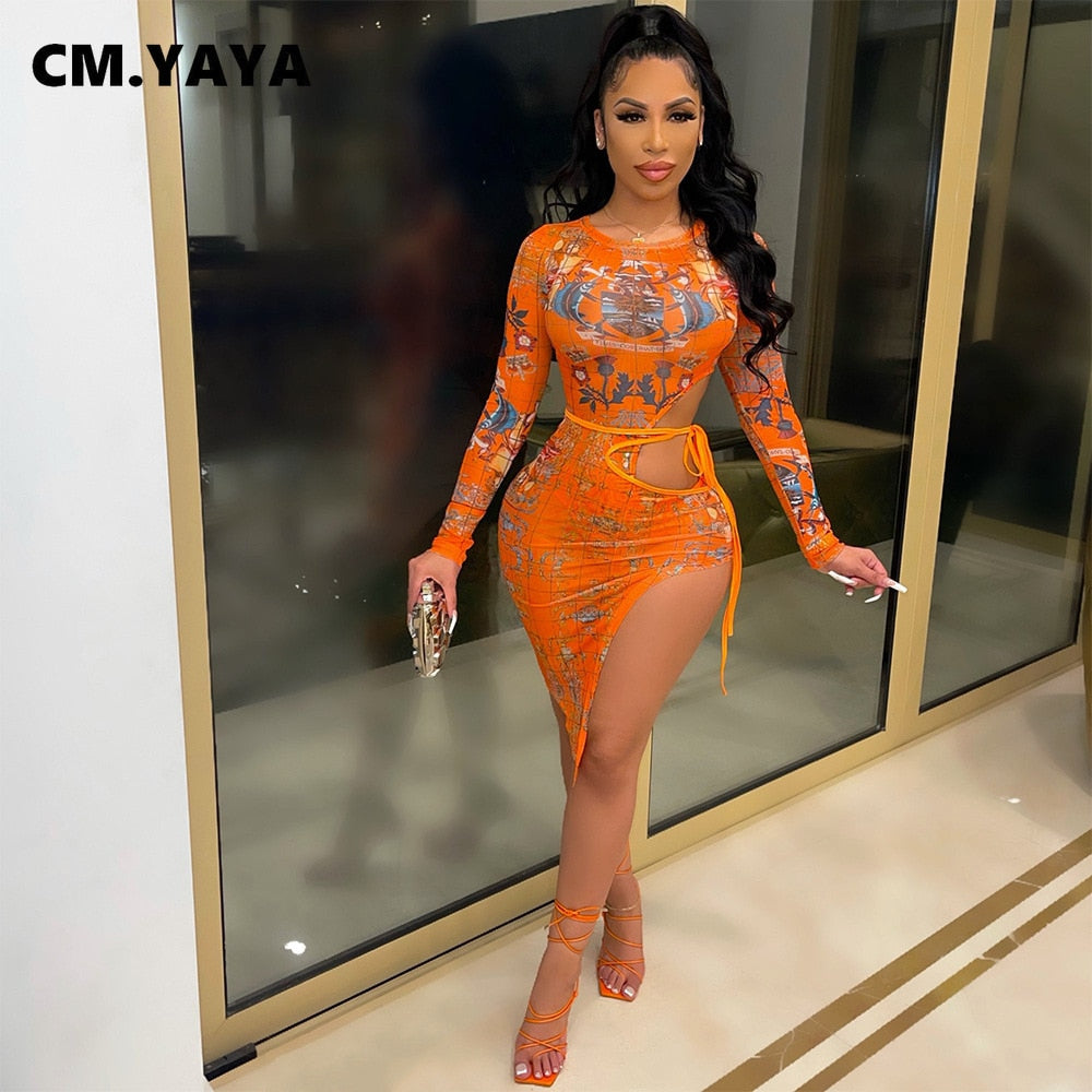 CM.YAYA Mesh Letter Women Two 2 Piece Set.  Winter/Fall Long Sleeve Bodysuit and Tie Up Side Slit Skirt. Showable curves. - twobusybodies