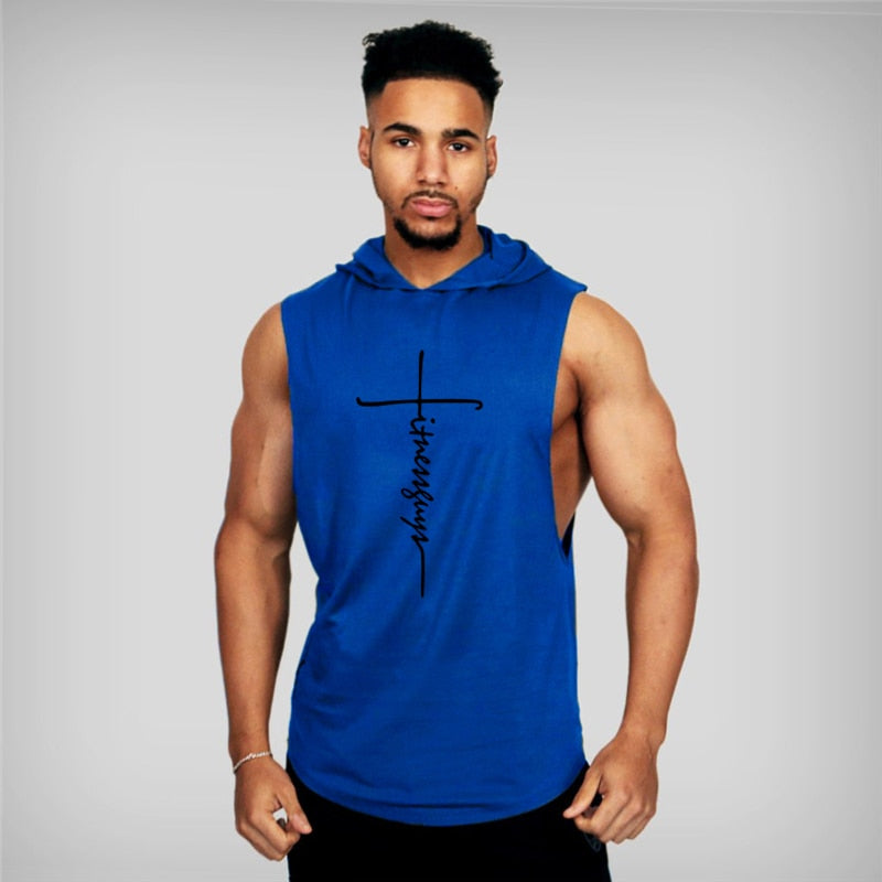 Mens Bodybuilding Hooded tank top. Cotton Sleeveless T-Shirt sportswear. - twobusybodies