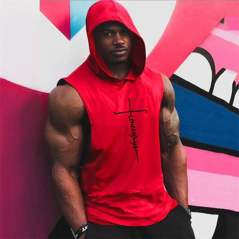 Mens Bodybuilding Hooded tank top. Cotton Sleeveless T-Shirt sportswear. - twobusybodies