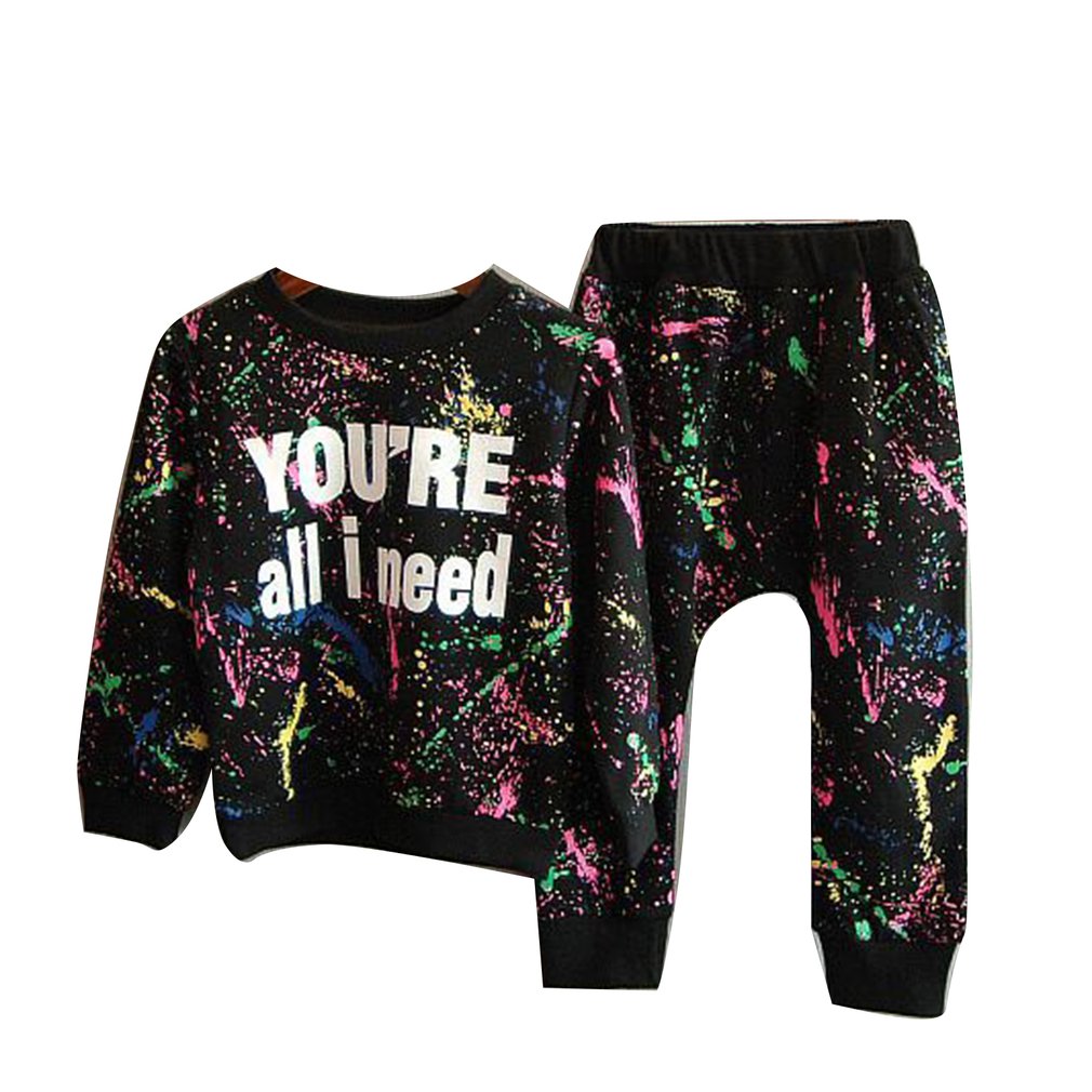 Girl's sweat suit set. Spring Clothing with a splattered paint design made with breathable material and fit true to size. Long sleeve but can be worn all year round. - twobusybodies