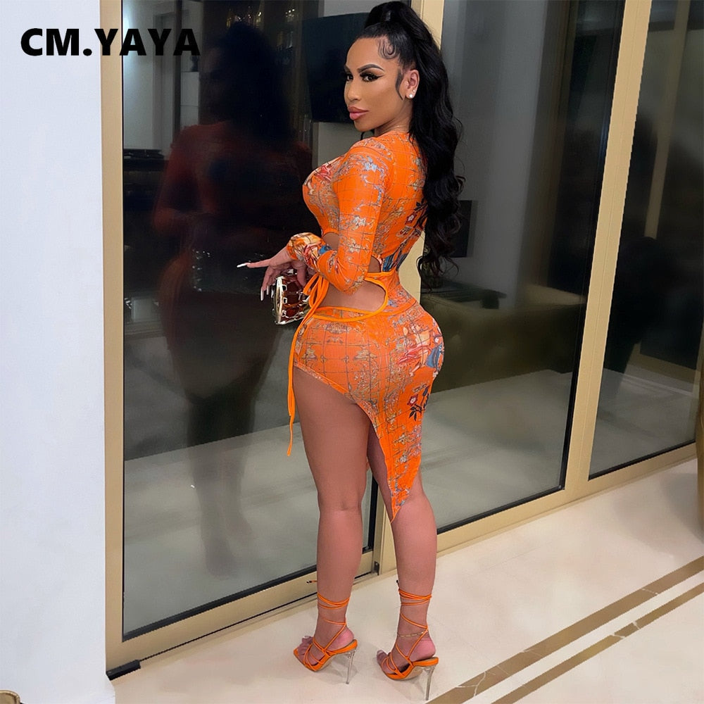 CM.YAYA Mesh Letter Women Two 2 Piece Set.  Winter/Fall Long Sleeve Bodysuit and Tie Up Side Slit Skirt. Showable curves. - twobusybodies