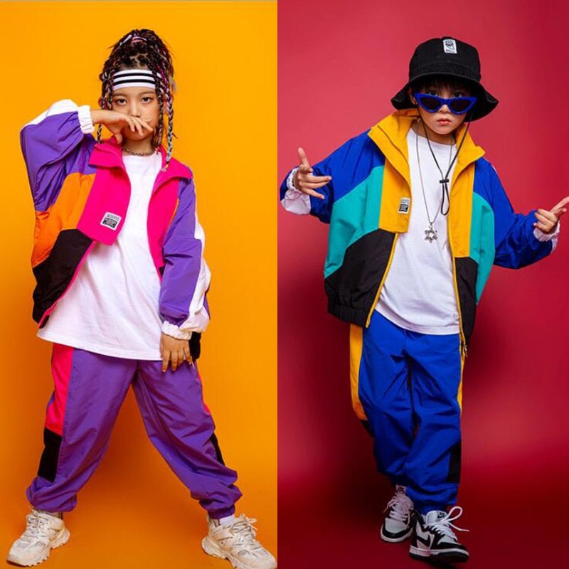 Kid Festival Hip Hop dancing Outfits. Sweatshirt Crop Tops with Jogger Pants for Girls' Street Clothes wear. That 80's look for hip-hop dancing. - twobusybodies