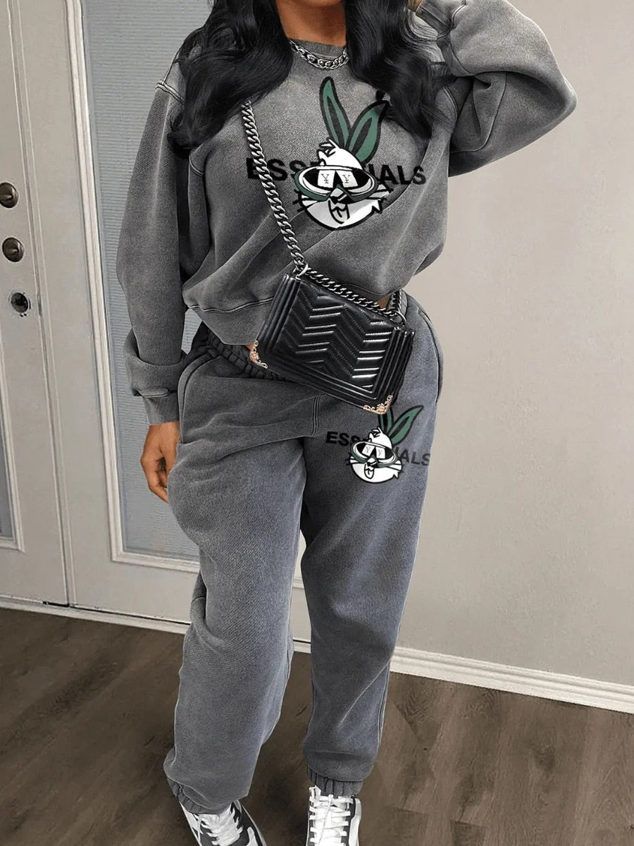 Cartoon Rabbit Letter Print Sweatsuit