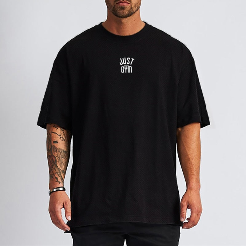 Men Loose Oversized T-shirt. Drop Shoulders Gym Clothing. Fitness Streetwear, Quick Dry made with Mesh material. Breathable for training and activities. - twobusybodies