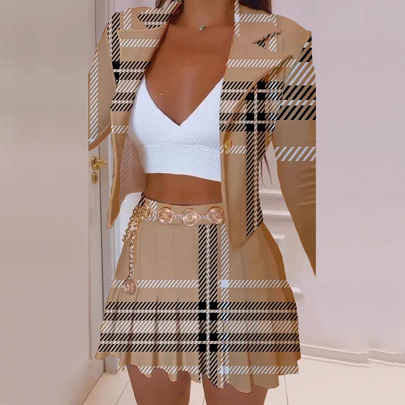 Spring Retro Plaid Print Women Blazers Suit. Elegant Single Button Lapel Jacket & Pleated Skirts. - twobusybodies