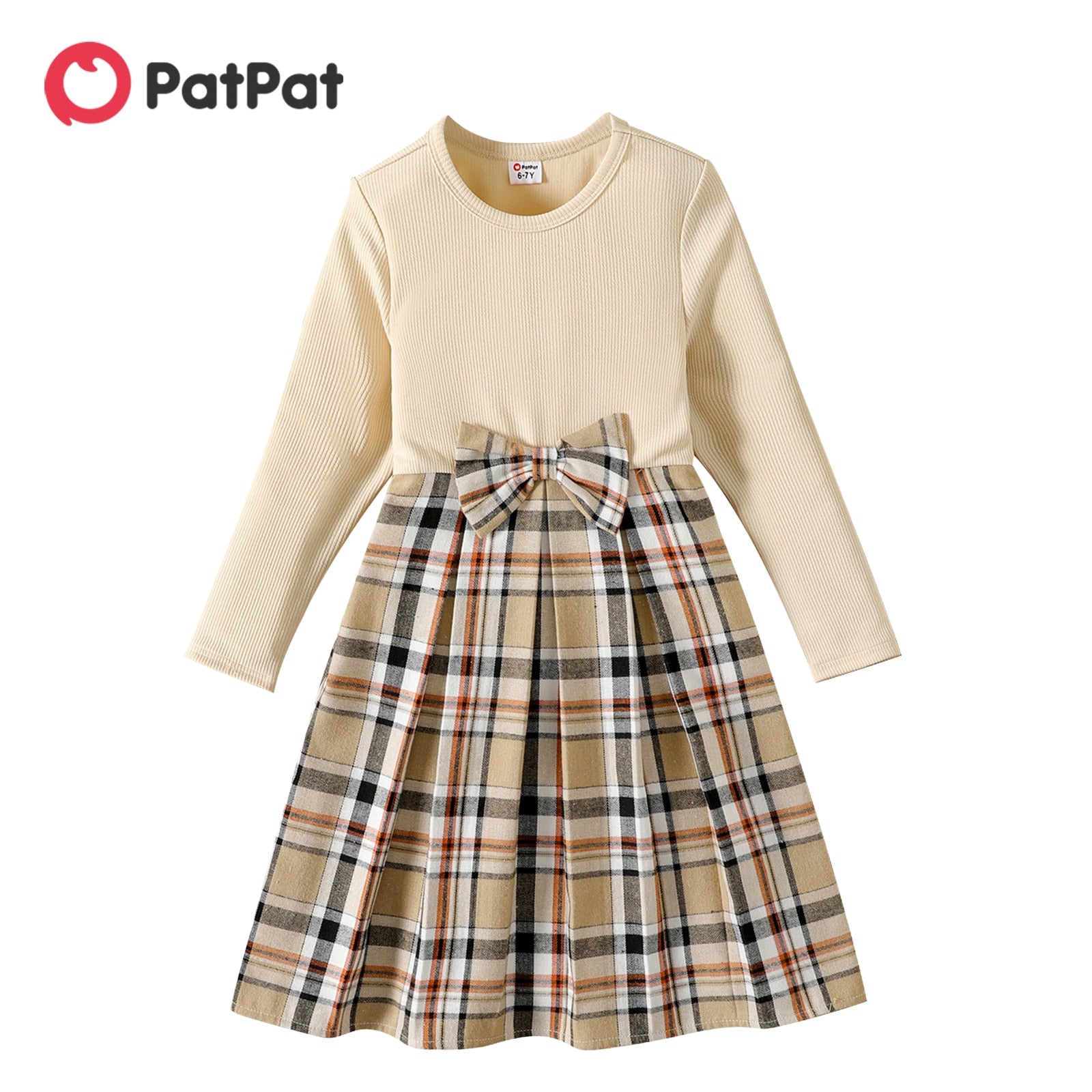 PatPat Girl's Dress. Bowknot Design, Ribbed Plaid Splice skirt, Long-sleeve, Good Autumn or Winter weather. Just all around too cute. - twobusybodies