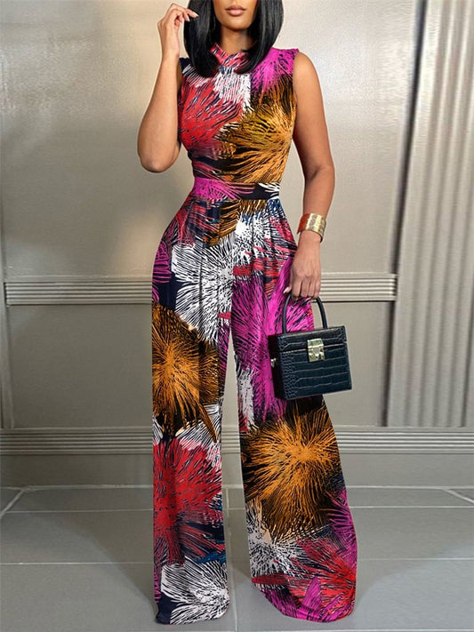 Sets Outifits 2023 New Geometric Print Sleeveless Wide Leg Jumpsuit of One Fashion Casual Pieces for Women Elegant Female