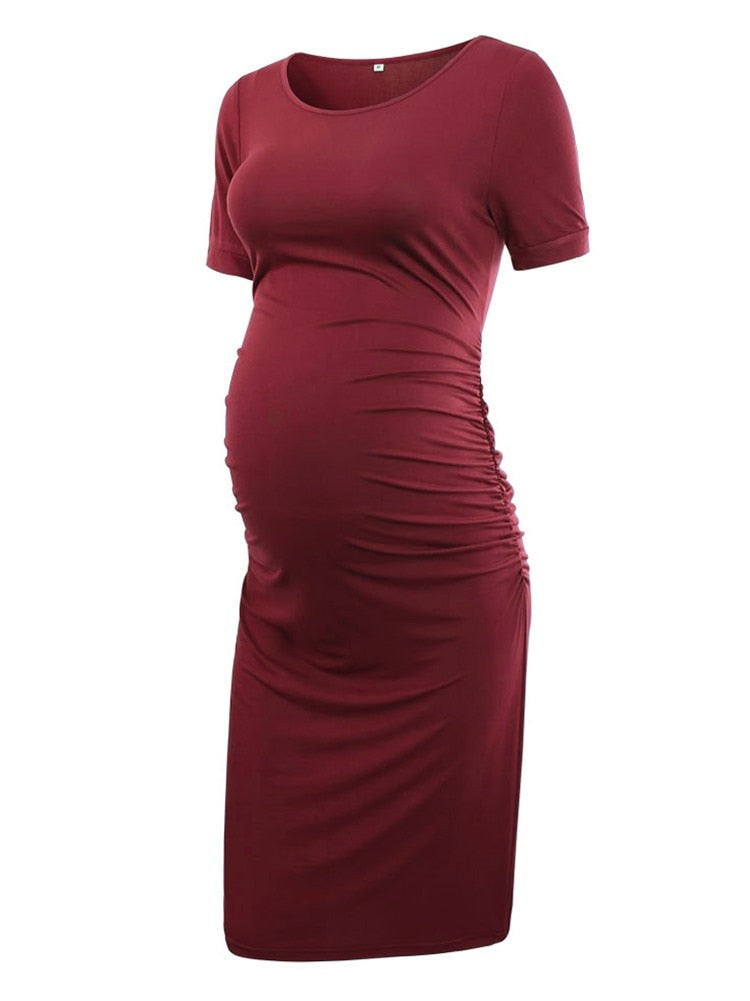 Liu&amp; Maternity Dresses Women Side Ruched Pregnany Dress Bodycon Pregnant Clothes Casual Mama Short Sleeve Wrap Baby Showers