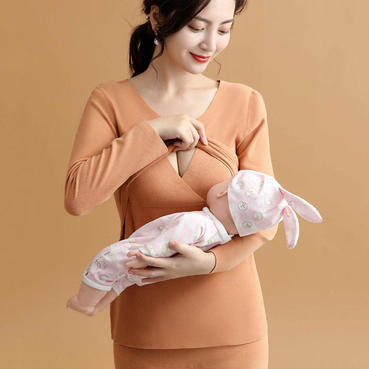 Thermal Maternity wear. 2Pcs/Set, Popular Elastic Waistband, Comfy Bottoming Blouse Pants Breastfeeding lounge outfit. - twobusybodies