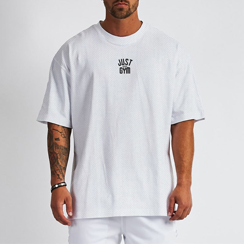 Men Loose Oversized T-shirt. Drop Shoulders Gym Clothing. Fitness Streetwear, Quick Dry made with Mesh material. Breathable for training and activities. - twobusybodies