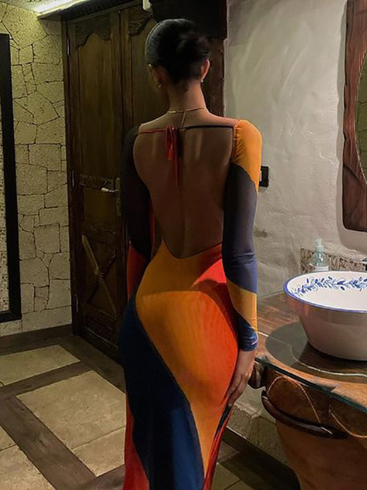 Sexy Backless Fashion Print Maxi Dress