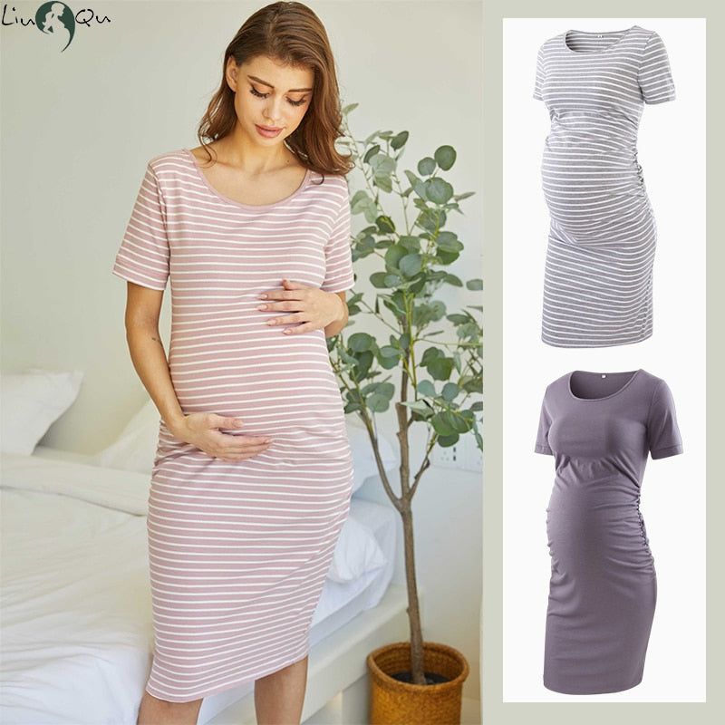 Liu&amp; Maternity Dresses Women Side Ruched Pregnany Dress Bodycon Pregnant Clothes Casual Mama Short Sleeve Wrap Baby Showers