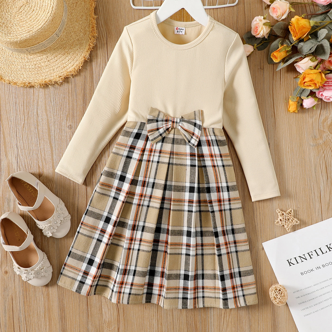 PatPat Girl's Dress. Bowknot Design, Ribbed Plaid Splice skirt, Long-sleeve, Good Autumn or Winter weather. Just all around too cute. - twobusybodies