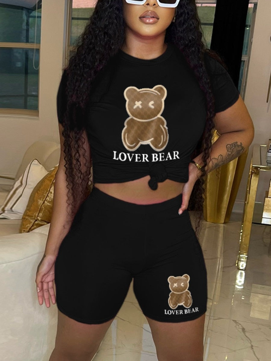 Lover Bear Letter Print Summer Shorts Set