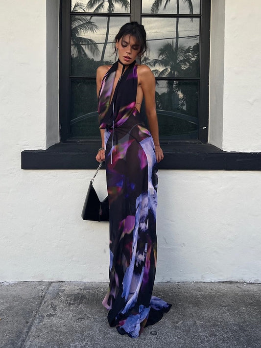 Purple Print Halter Bodycon Maxi Dress