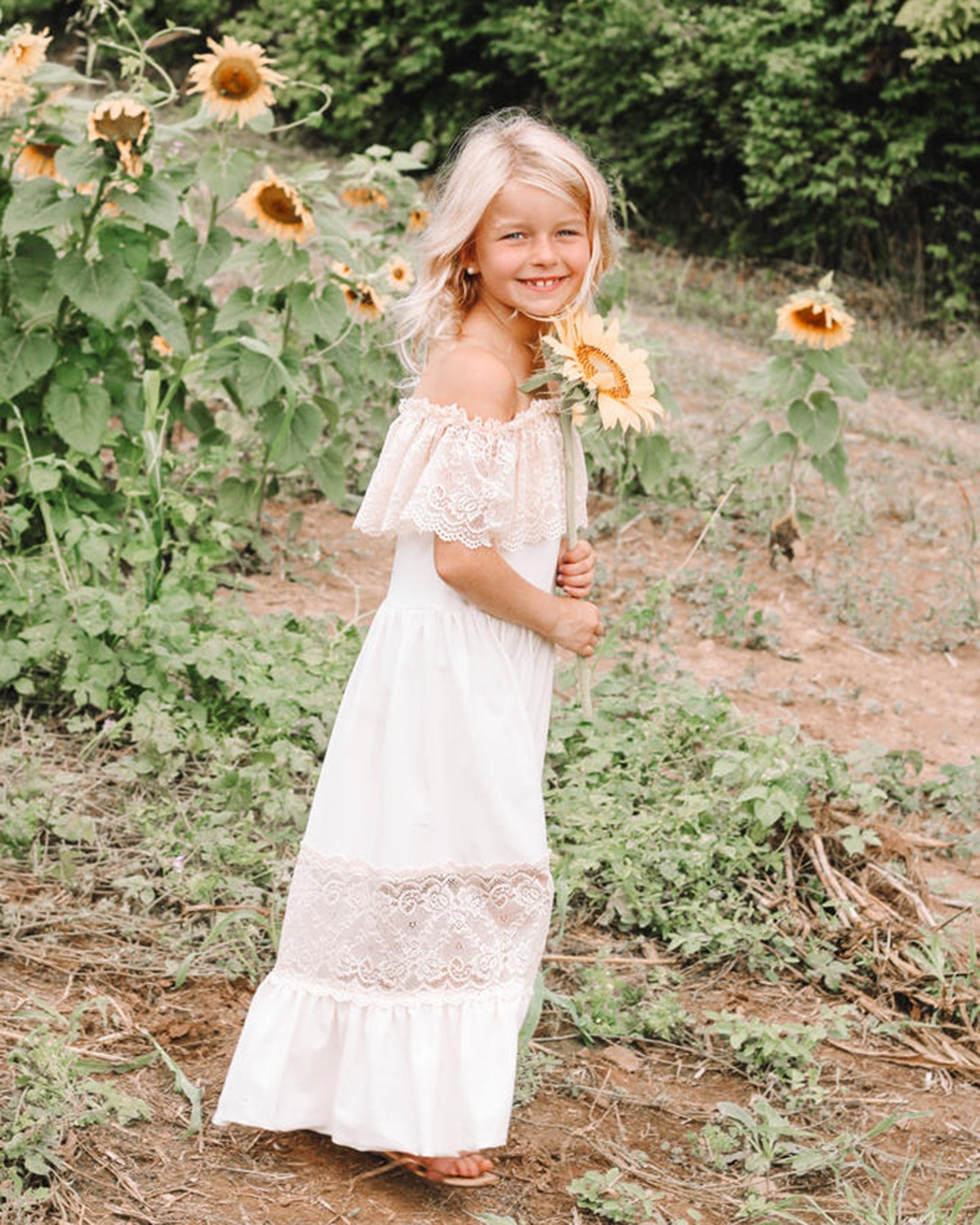 Toddler Off-shoulder Boho Flower Girl Dress. Very comfortable, flowy, and good to wear in the spring time. - twobusybodies