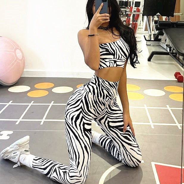 Zebra print Women Yoga Activewear with a  One-Shoulder Bra, Scrunch High Waist Leggings and all-around fashionable. - twobusybodies